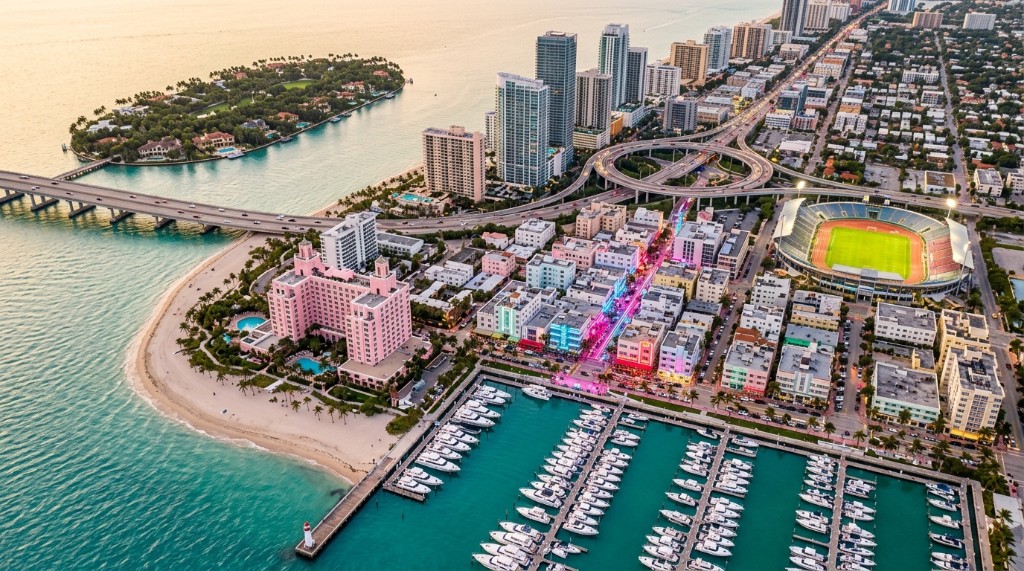 AI-generated aerial map of a fictional neon coastal open-world city